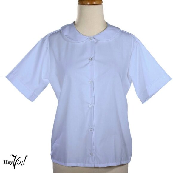 Blue Peter Pan Collar, Button Up, Short Sleeve Blouse - Poly Cotton - Adult M - Picture 2 of 5